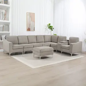 Modern Boneless Sectional Corduroy Sofa - 6-Seat, Converts Shape, with Storage Ottoman, Cupholders, USB Ports, for Living Room, Gray, Boneless Couches