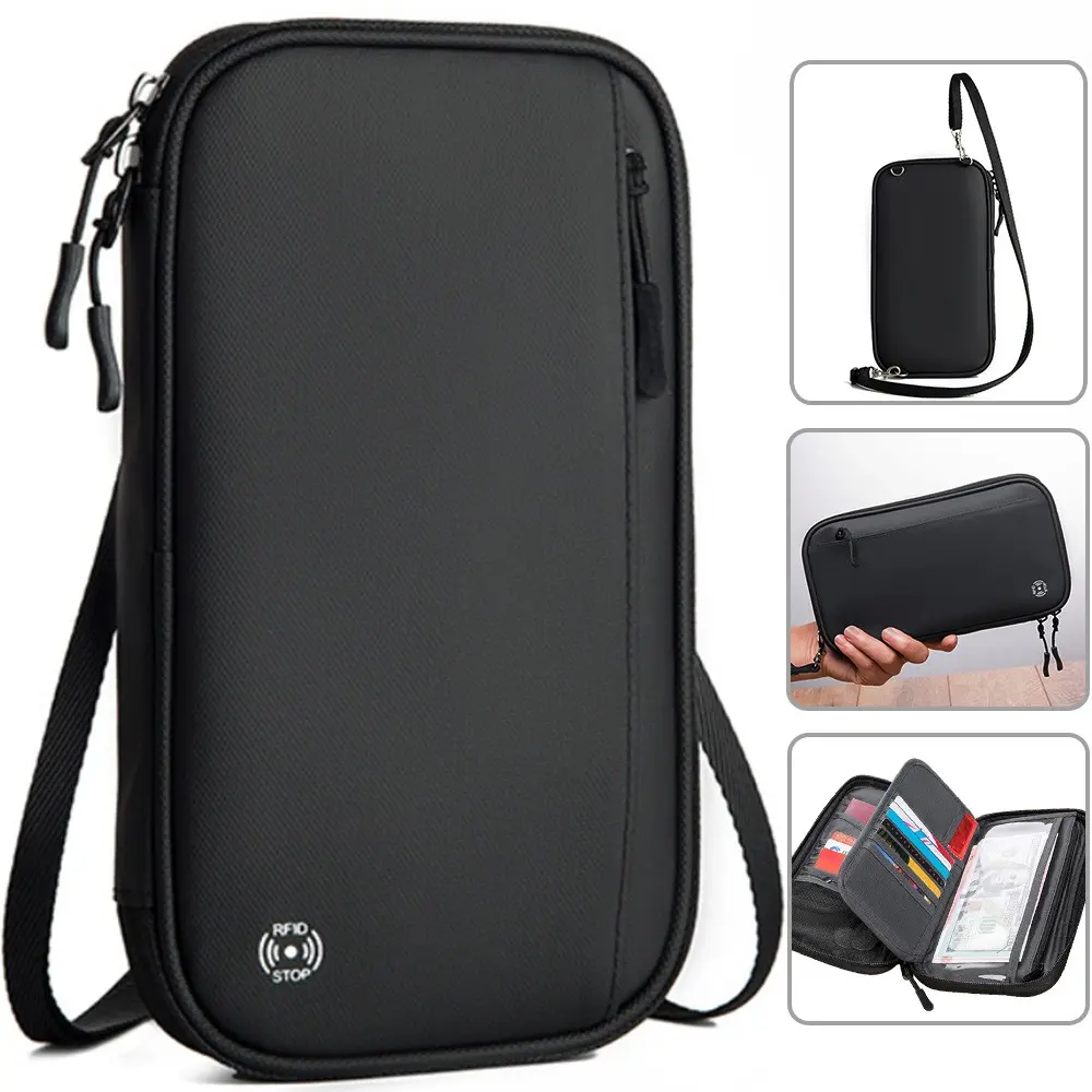 Travel Passport Holder Bag, Polyester Anti-Theft RFID Theft Proof Card & Phone Storage Case, Classic Style Solid Color Design, Formaldehyde-Free Travel Accessory