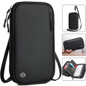 Travel Passport Holder Bag, Polyester Anti-Theft Card & Phone Storage Case, Classic Style Solid Color Design, Formaldehyde-Free Travel Accessory