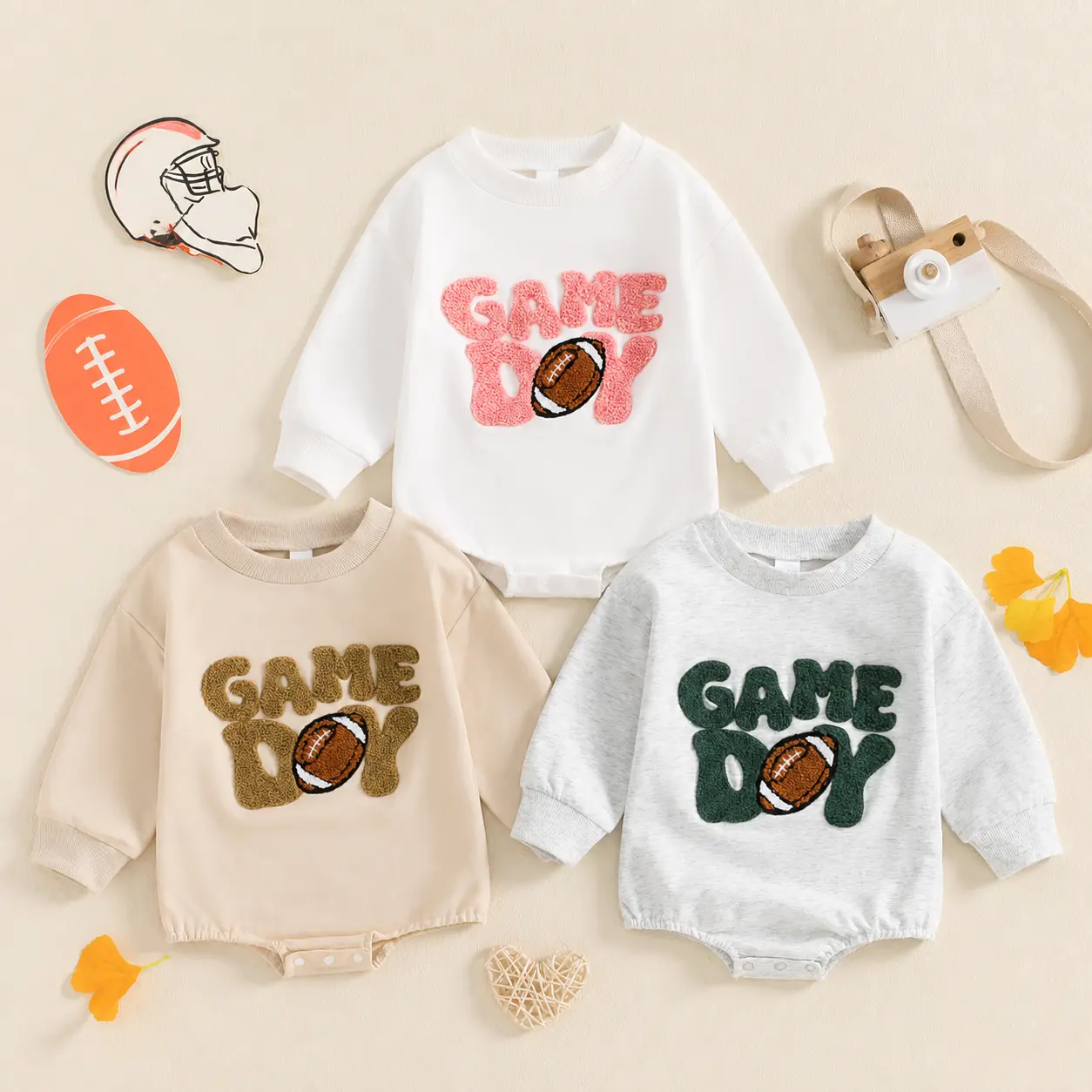 Unisex Baby Football Theme Romper Suit - Cotton Blend Long-Sleeve Sweatshirt Jumpsuit with Playful Letters for Fall, Winter
