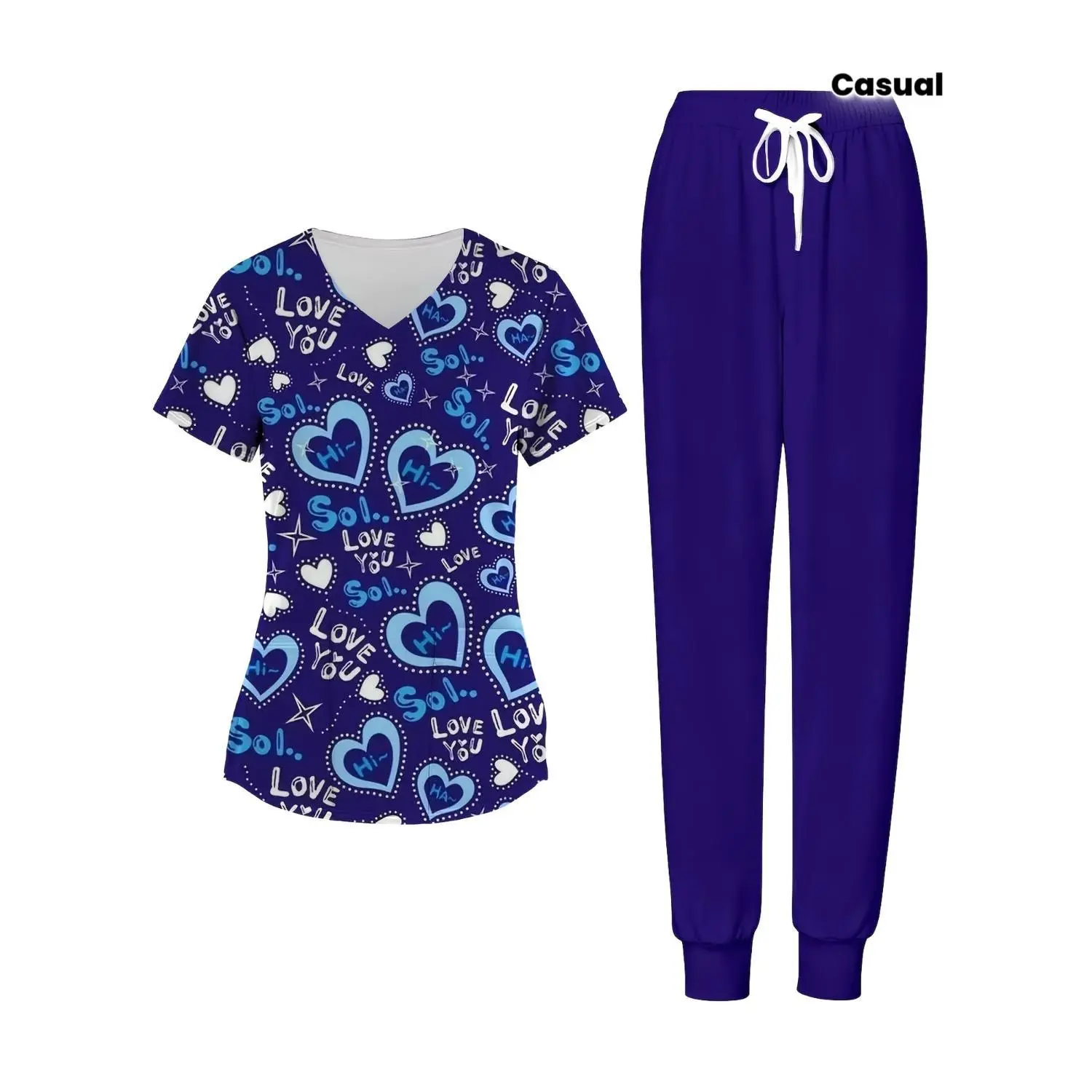 Love You So Heart Print Women's Nursing Scrubs Set - V-Neck Top & Pants with Pockets, Casual Uniform for Valentine's, Mardi Gras, St. Patrick's Day in Purple Blue Design - Comfortable Fit