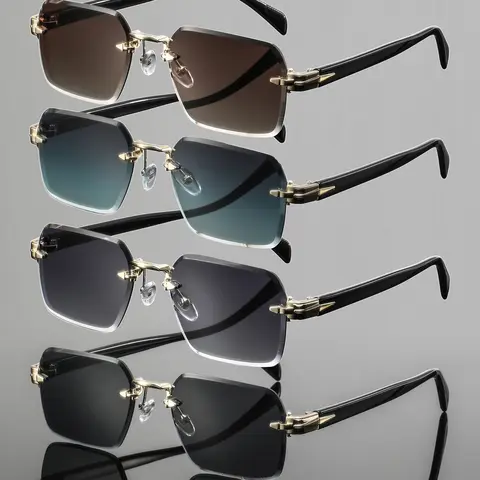 Men's Metal Square Frameless Cut Edge Glasses, High-Quality Fashion Decorative Eyewear, Vintage Style, Durable Trendy Design, Holiday Gift, Stylish Glasses, Trending Glasses, Square Sunnies, Trendy Shades