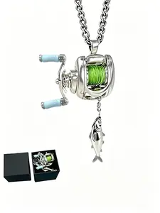 Mini Fishing Reel Necklace, Rotating Handle, Detachable Line Ring, Portable Bait Pendant, Fisherman Gift, Cuban Chain, Street Style