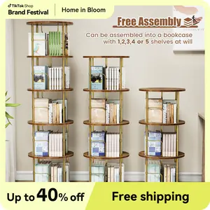 Flycity 3 Tier - 5 Tier Rotating Bookshelf Tower, 360 °   Display Unique Round Bookcase, Floor Standing Corner Revolving Storage Organizer Furniture Wood