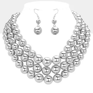 Metal Ball Beaded Triple Layered Statement Necklace : Silver