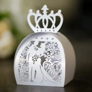 Laser Cut Wedding Candy Box with Bride & Groom Crown, Couple Rose Design, Paper Box for Chocolate & Sweets