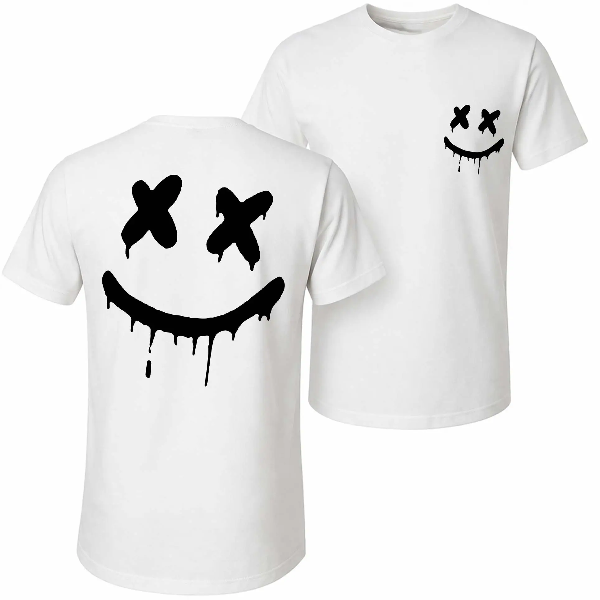 Men's Pure Cotton Retro Short-Sleeve Round Neck Graphic T-Shirt - Loose-Fitting, Splattered-Ink Smiley Face Print, Breathable, Unisex Casual Outdoor Sports Top