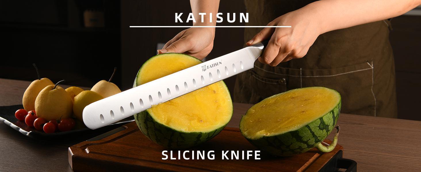 13 Inch Round Tip Ham Slicing Knife, Ultra Sharp German Premium Carbon Steel Brisket Knife Meat Cleaver