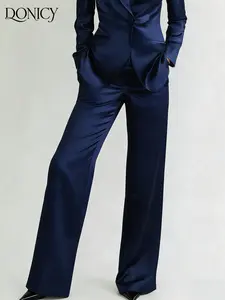 Women's Solid Satin High-Waisted Suit Wide-Leg Long Pants, Formal Glossy Satin Texture, Ideal for Office, Evening Events, Brunch, Casual Occasions