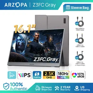 ARZOPA 16.1" Portable Gaming Monitors – 180Hz 1440P QHD / 144Hz 1080P FHD – Ultra Slim External Display for Laptops Gaming PC PS5 Xbox Mac with Built-in KickStand & Dual Speakers – Gray