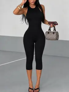 Women Black Halter Neck Sleeveless Jumpsuit Slim Fit Capri Length Form Fitted Playsuit Casual Daily Wear Elegant All-in-One Outfit