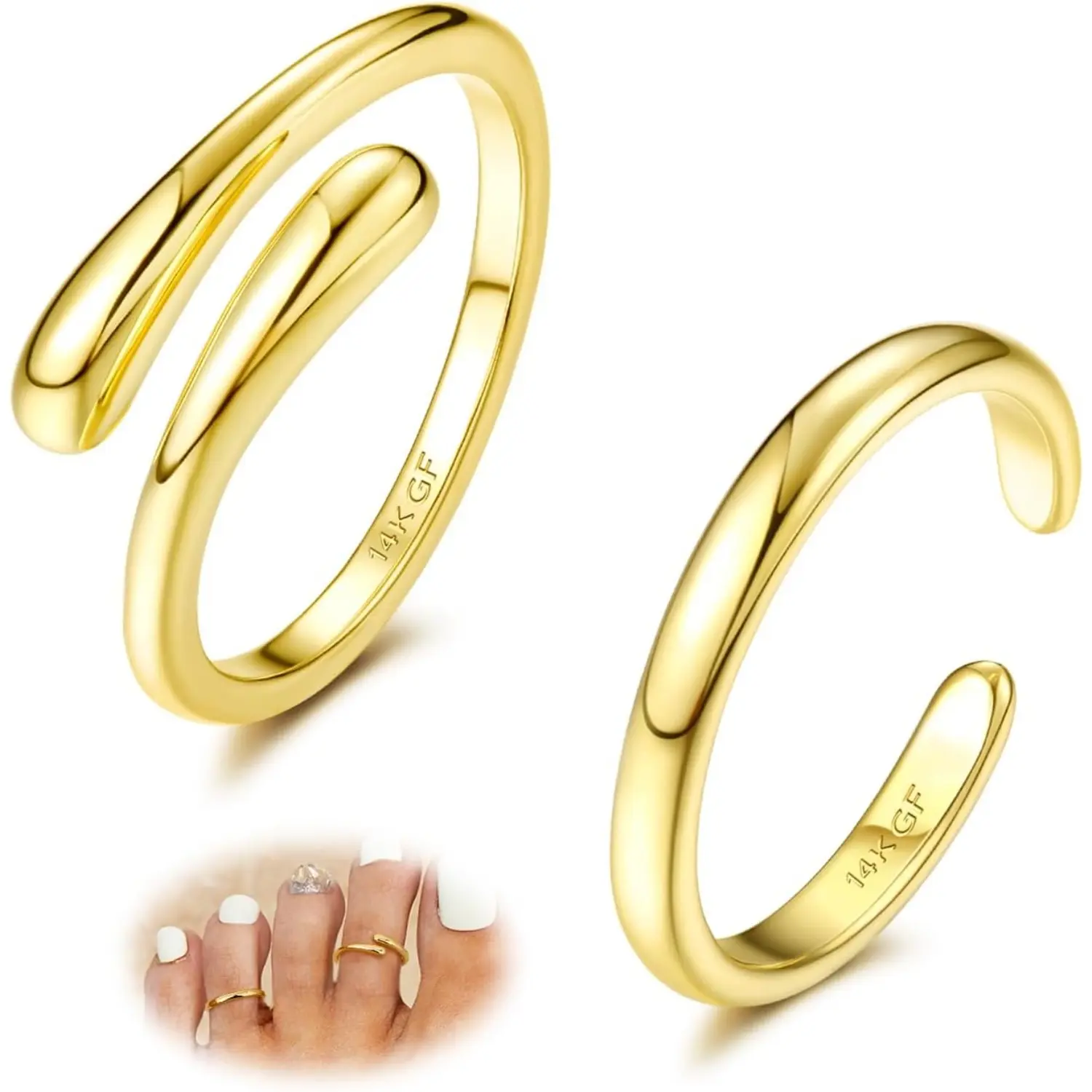 YADOCA Women's 14 Karat Plated Gold Filled Toe Rings, Non-Tarnish Waterproof Open Band with Hug CZ, Adjustable Summer Beach Body Jewelry, Non Tarnish Jewelry, Waterproof Toe Rings, Adjustable Toe Rings