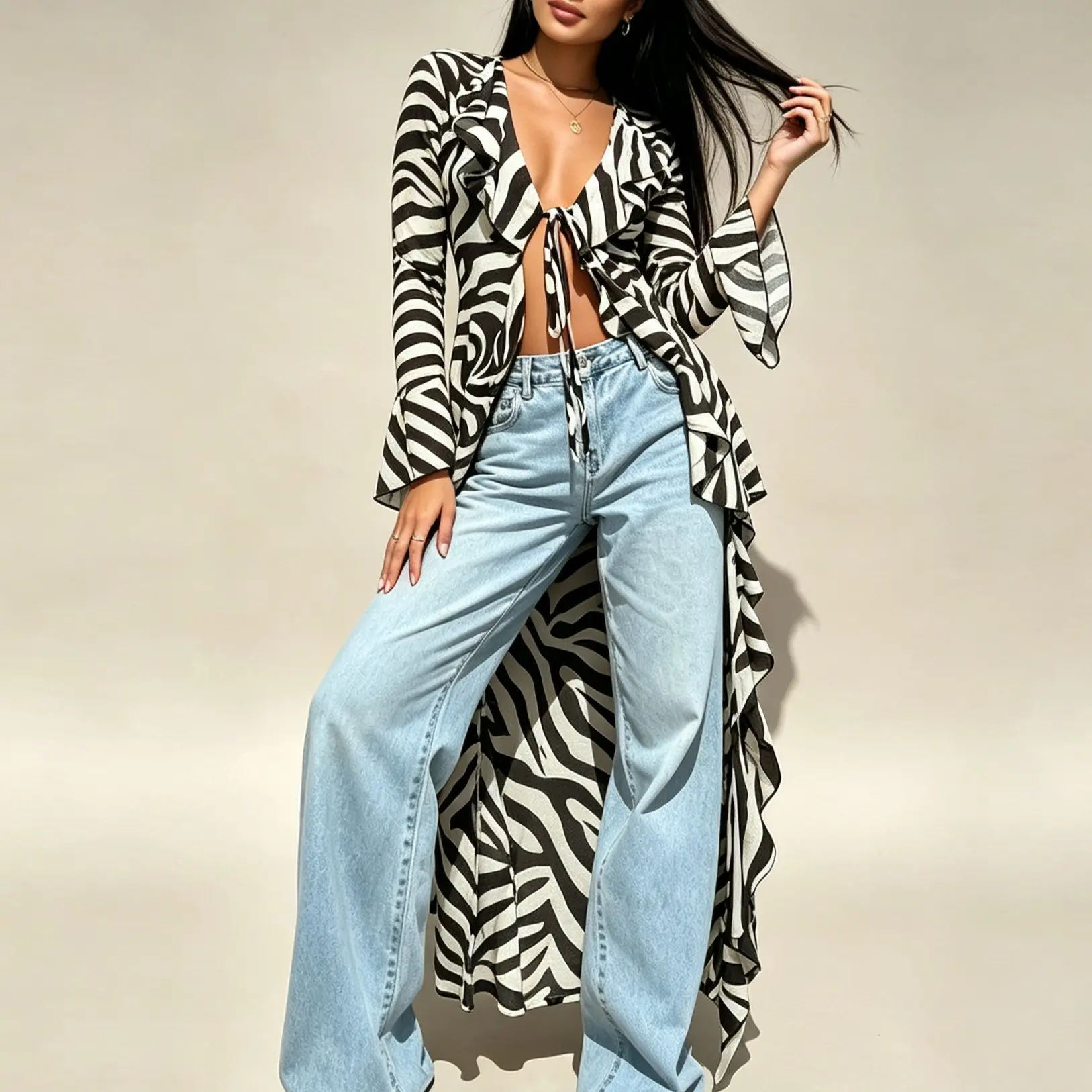 Women's Zebra Print Deep V-Neck Tie-Front Blouse, Ruffle Trim Flare Long-Sleeve Polyester Cover-Up Top,going out tops, fall tops