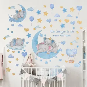 "FLASH SALE ALERT"Elephant Nursery Wall Decal with Moon & Stars - Adorable Baby Room Stickers for Boys - Decorative Hanging Tiles"