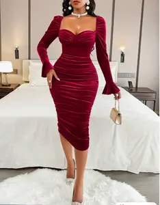 Burgundy Velvet Bodycon Dress - Sexy Ruched Long Sleeve Evening Gown for Women