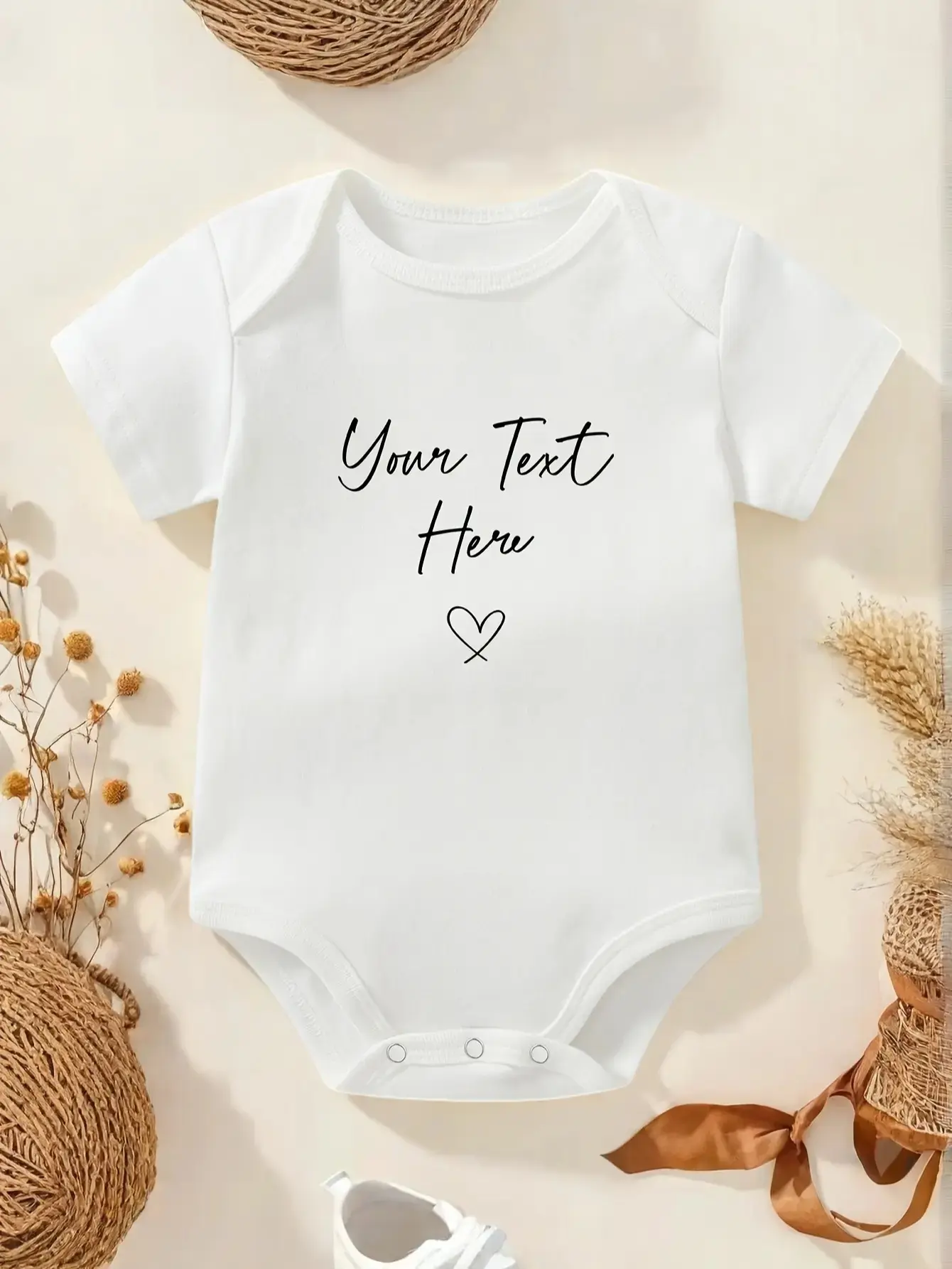 Customizable Infant Cotton Onesie - Short Sleeve, White, Handwritten Font, Letter Print, Simple Line Heart, Soft Cotton, Prop 65 Safe, Custom Text Option