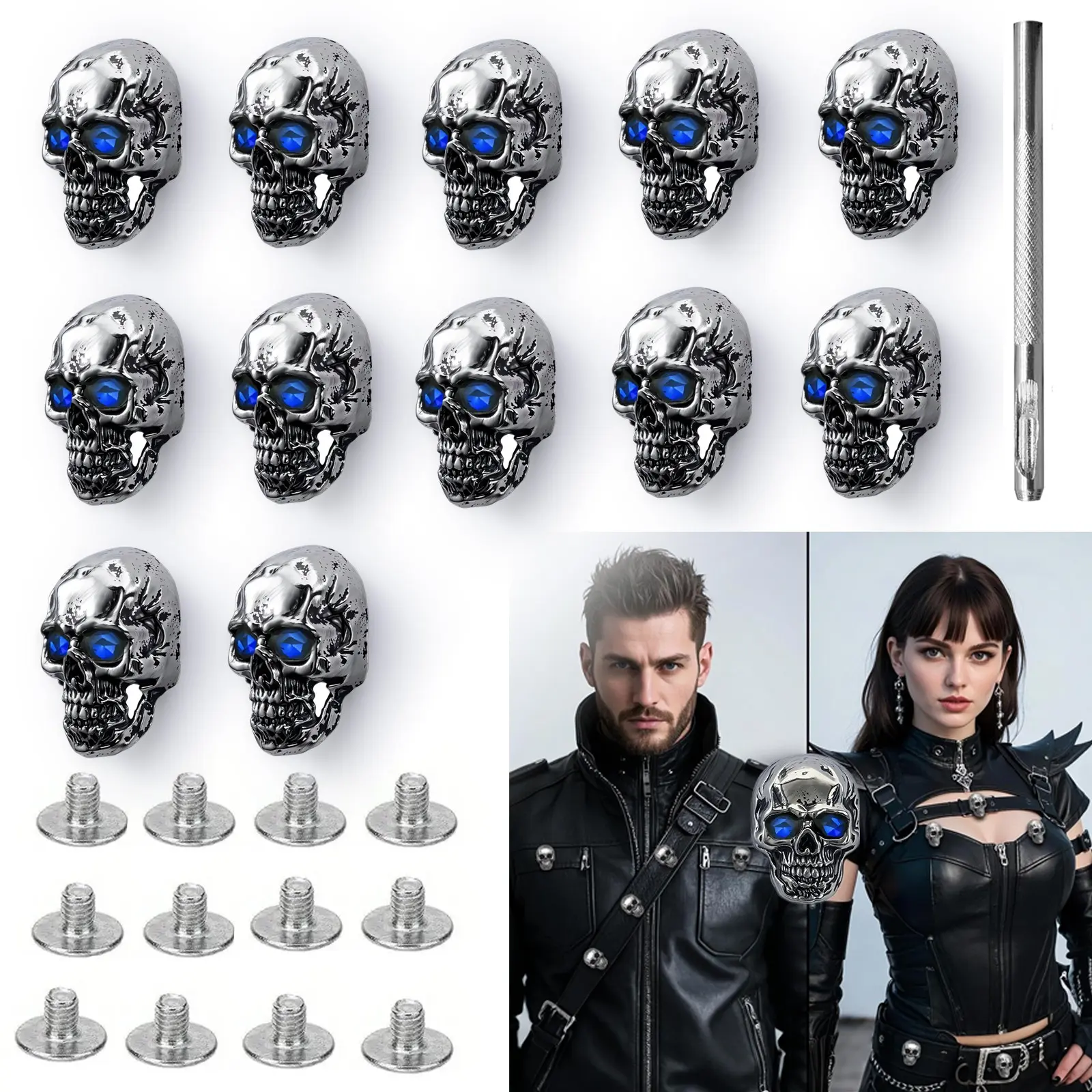 Blue Eye Skull Head Men's Shirt Studs Silver Color Vintage Antique Copper Texture Design 12 Piece Set for Holiday Party Business Use