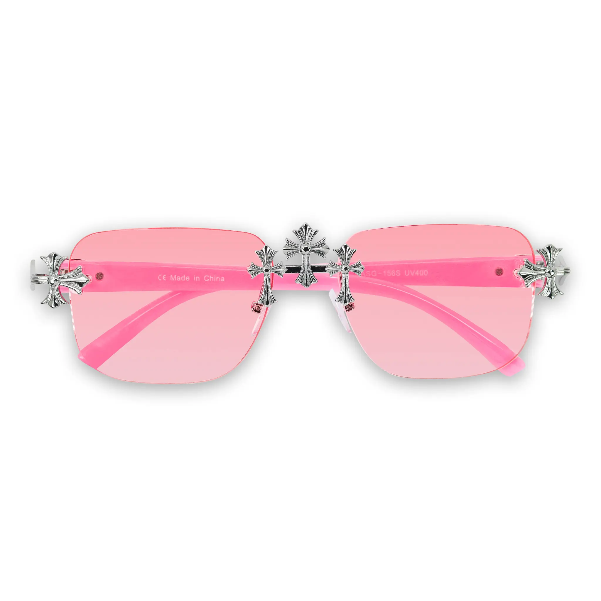Solid Triple Cross Sunglasses – Pink Lens Rimless Design