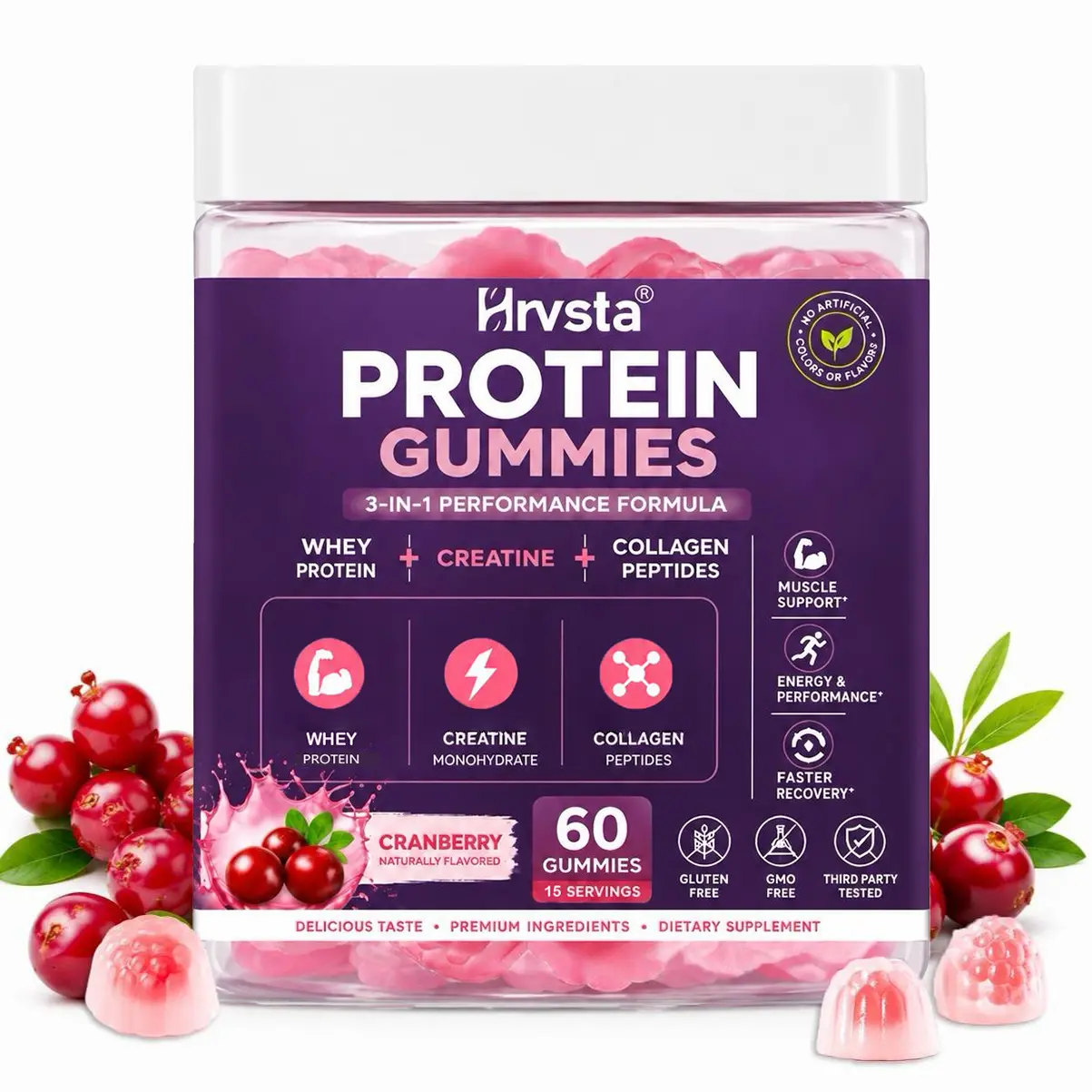 Protein Gummies with Whey Protein, Creatine, and Collagen Peptides — 3-in-1 Performance Formula Supporting Energy and Muscle; Cranberry Flavor, 60 Count.