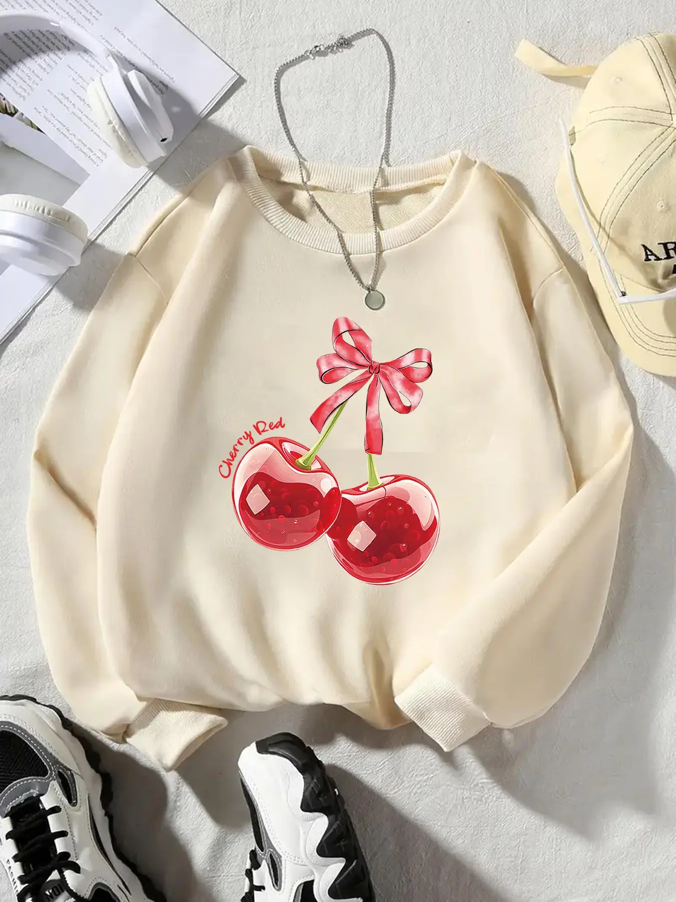 Girl's Cherry & Bow Print Drop Shoulder Sweatshirt, Casual Long Sleeve Round Neck Pullover for Fall & Winter, Kids Clothes for Daily Wear, Tops