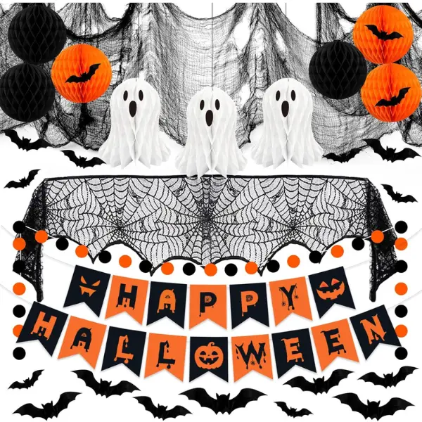 29PCS Halloween Party Decorations Kit, Indoor Halloween Decor with Mantel Scarf, Creepy Cloth, Hanging Ghost, Happy Halloween Banner & 3D Bat Wall Stickers for Fireplace, Home, Haunted House & Party Decorations