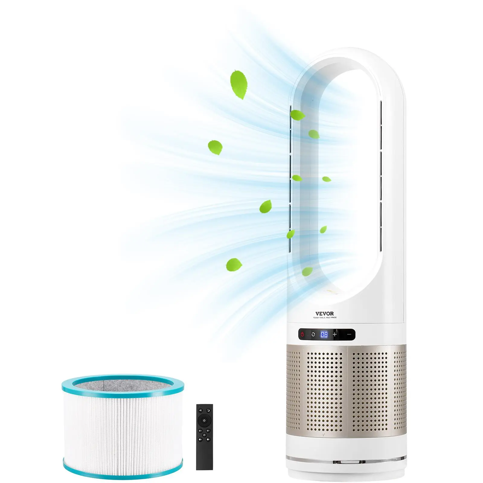 【summerfinds】VEVOR Tower Fan Bladeless, 16.4ft/s Velocity Floor Cooler Fan that Blows Cold Air, 80° Oscillating 8-Speed Fans, 8H Timer, Standing Fans with H13 HEPA Filtration, Remote Control & Air Purification Mode