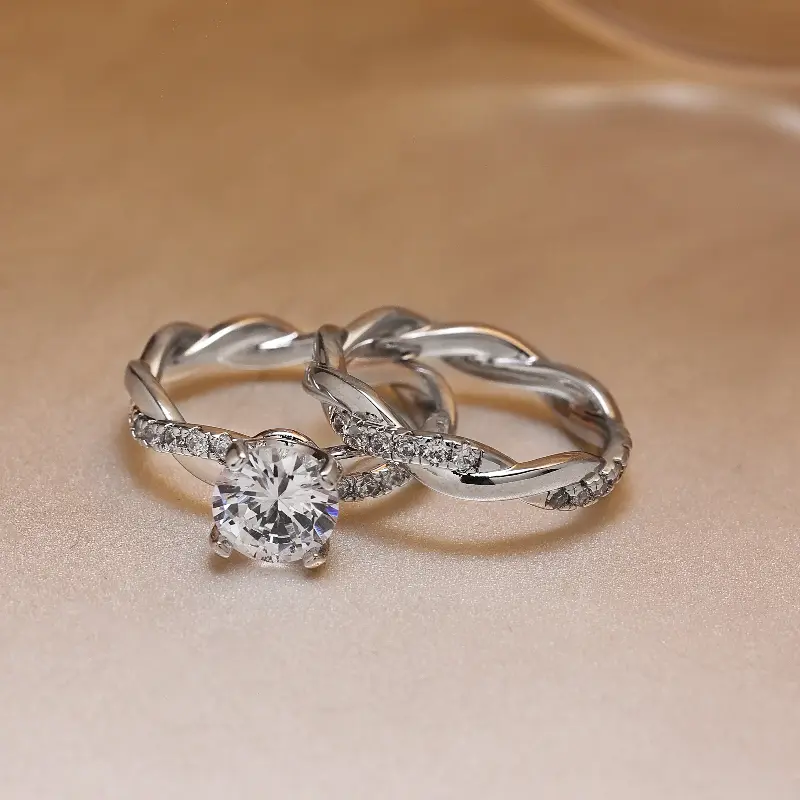 Twisted Band Wedding Ring Sets for Couples, Elegant 4-Prong Solitaire Promise Ring, Matching His and Hers Stackable Rings, Romantic Husband Wife Jewelry Gift, Wedding Engagement Statement Rings