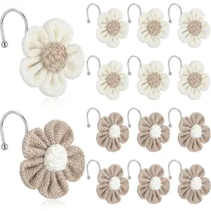Frienda 12 Pcs Boho Flower Curtain Shower Hooks for Bathroom Cream Khaki Sunflower Curtain Hooks Farmhouse Curtains Hangers Accessories Simple Elegant Home Decorative Neutral Bathroom Decor