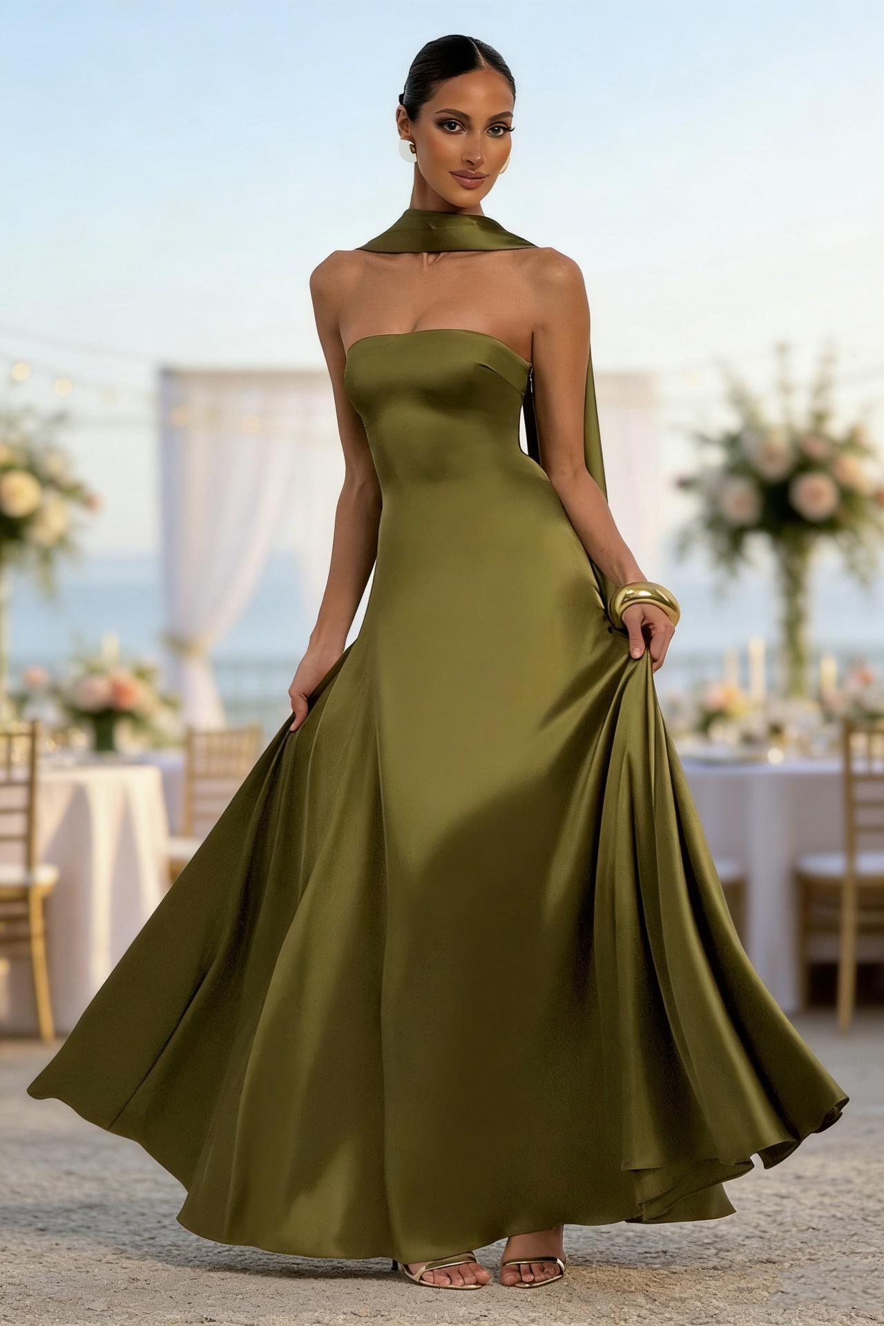 Womens Backless Tube-Top Waist-Cinching Evening Gown Long Dress