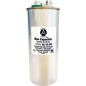 Appli Parts Dual Run Capacitor for ac 55+10 Mfd uF (microfarads) 370VAC CBB65 Round Universal fit for hvac and other applications 2-1/4 in Wide 5-1/2 in Height CON-55/10-370-R