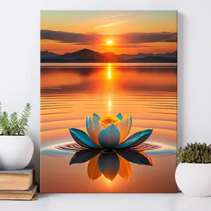 Lotus & Sunset Pattern Painting with Frame, 1 Count Waterproof Canvas Wall Art, Flower Pattern Wall Decor for Home Living Room Office, Wooden Wall Art