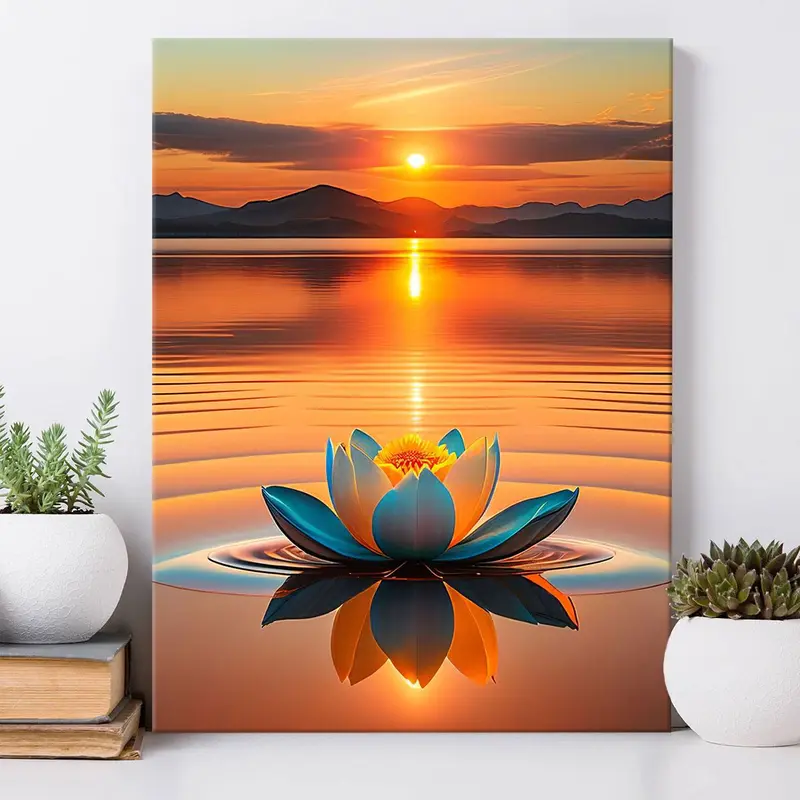 Lotus & Sunset Pattern Painting with Frame, 1 Count Waterproof Canvas Wall Art, Flower Pattern Wall Decor, Decorative Wall Art, Wall Art Decoration for Home Living Room Office Artwork