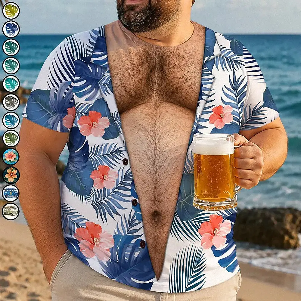 [Made-to-Order] Custom Funny Hairy Chest Tropical T-Shirt Personalized Muscle Torso Fake Body Hawaiian Shirt Bachelor Party Gag Gift