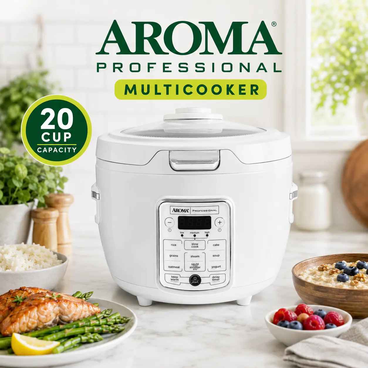 Aroma Professional 20-Cup Digital Rice Cooker and Multi-Cooker, 11 Cooking Functions, Slow Cook, Steam, Sauté, 15-Hour Delay Timer