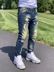 Street Style Men's Loose Vintage Jeans, Light Blue Wide Leg Patched Ripped Design, Retro Washed Casual Slim Fit Denim Jeans