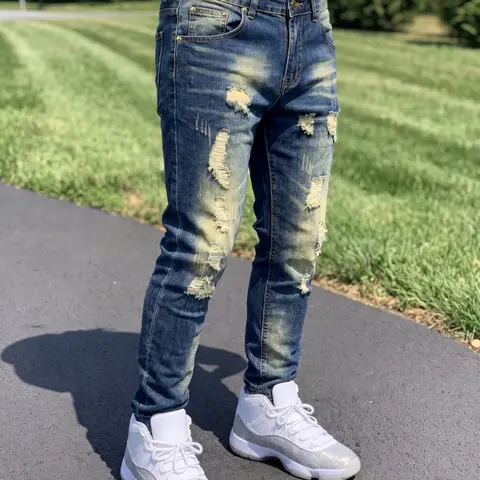 Street Style Men's Loose Vintage Frayed Jeans, Light Blue Wide Leg Patched Ripped Design, Retro Washed Casual Slim Fit Denim Jeans, Menswear, Streetwear, Pants, Jean Pants Bottoms