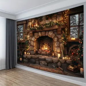 Festive Vintage Stone Fireplace Wall Tapestry , Woven Polyester, Horizontal Direction - Perfect for Living Room, Bedroom, Office, or Party Decorations Home Candle Decorating