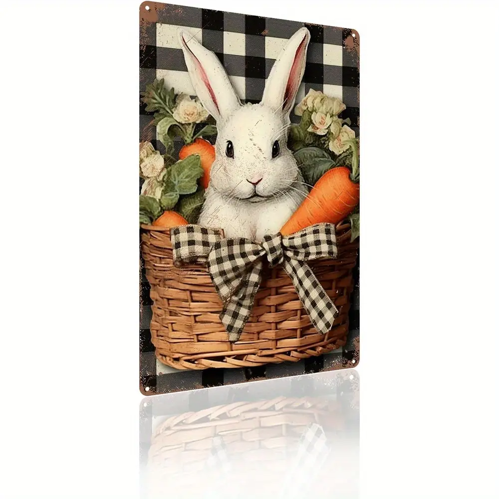 Vintage Easter Bunny and Teacup Metal Wall Decor - 8inch x 12inch Vintage Aluminum Sign, Featuring Spring, Valentine's Day Plaid Basket Design - Perfect for Home, Office, Shed or Man Cave, Seasonal Home Decor | Country Aesthetic | Vintage Craft, Rabbit wi