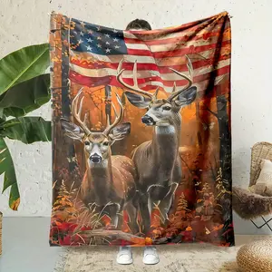 Cozy All-Season Flannel Blanket with Majestic Deer & American Flag Design - Soft, Warm, Reversible Throw in Multiple Sizes for Bed, Sofa, Camping, Travel - Easy Care, Machine Washable