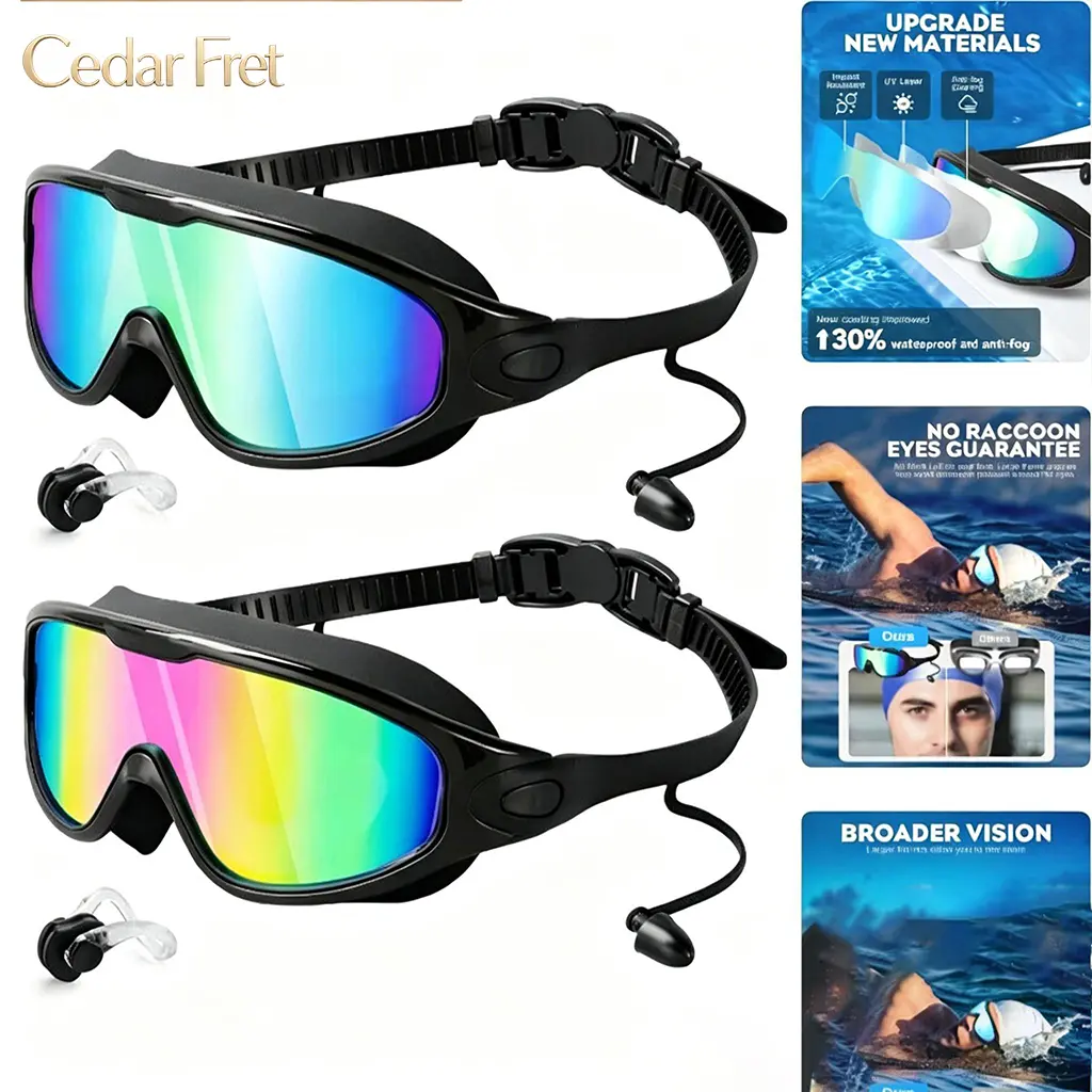 1/2PCS Adult Swim Goggles - Anti-Fog HD Large-Frame Goggles for Swimming, Pool-Style Design with Integrated Earplugs, Waterproof Silicone, Electroplated Lenses