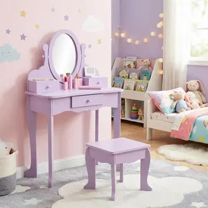 Garvee Purple Vanity Set with Mirror & Stool - Wooden Makeup Table and Chair for Dress-Up Play - Suitable for Ages 4-9 - Perfect for Bedroom or Playroom - Color: Purple, No Light Included