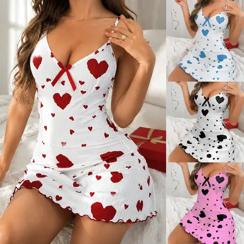 FEITAI Women's Knit Heart Print Ribbed Camisole Nightgown - Stretchy, Casual, Everyday Fabric, Comfortable, Machine Washable Loungewear Pajamas