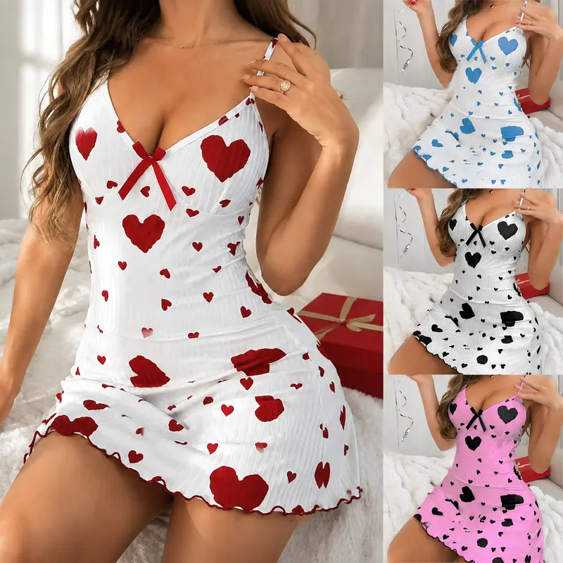 FEITAI Women's Knit Heart Print Ribbed Camisole Nightgown - Stretchy, Casual, Everyday Fabric, Comfortable, Machine Washable Loungewear Pajamas