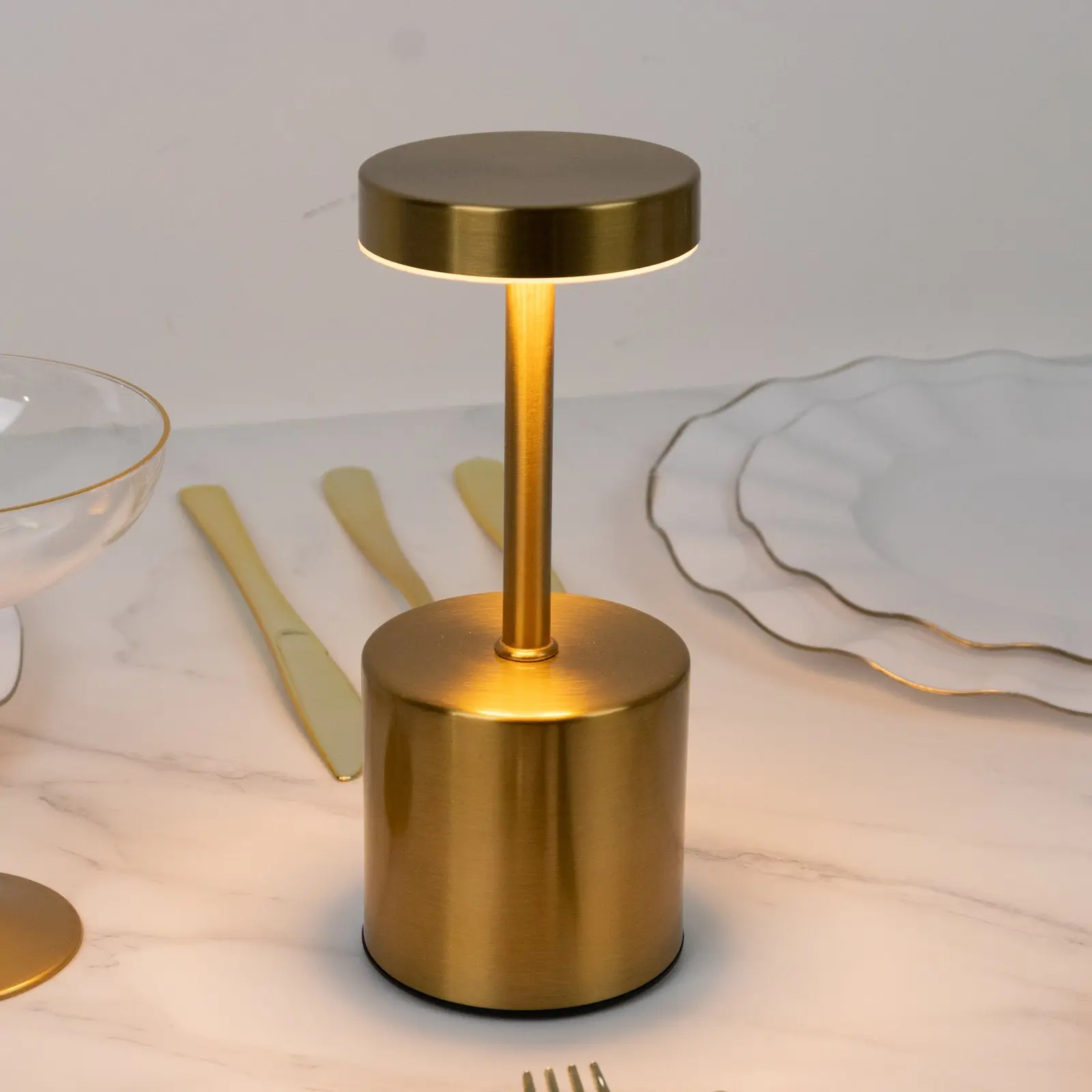 Gold Metal Body LED Table Lamp - 8" Cordless USB Rechargeable, Dimmable Touch-Control Night Lights, Modern Minimalist Design for Modern Homes