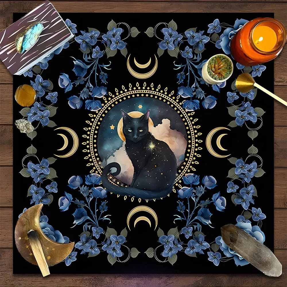 Mystical Black Cat Blue Floral Moon Phase Design Square Tarot Tablecloth, Witch-style home decor Altar Cloth Multiple Sizes Polyester Fabric, Easy to Clean and Maintain Decorative Divination Cloth for Spreads & Rituals Gift for family and friends