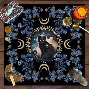 Mystical Black Cat Blue Floral Moon Phase Design Square Tarot Tablecloth, Witch-style home decor Altar Cloth Multiple Sizes Polyester Fabric, Easy to Clean and Maintain Decorative Divination Cloth for Spreads & Rituals Gift for family and friends