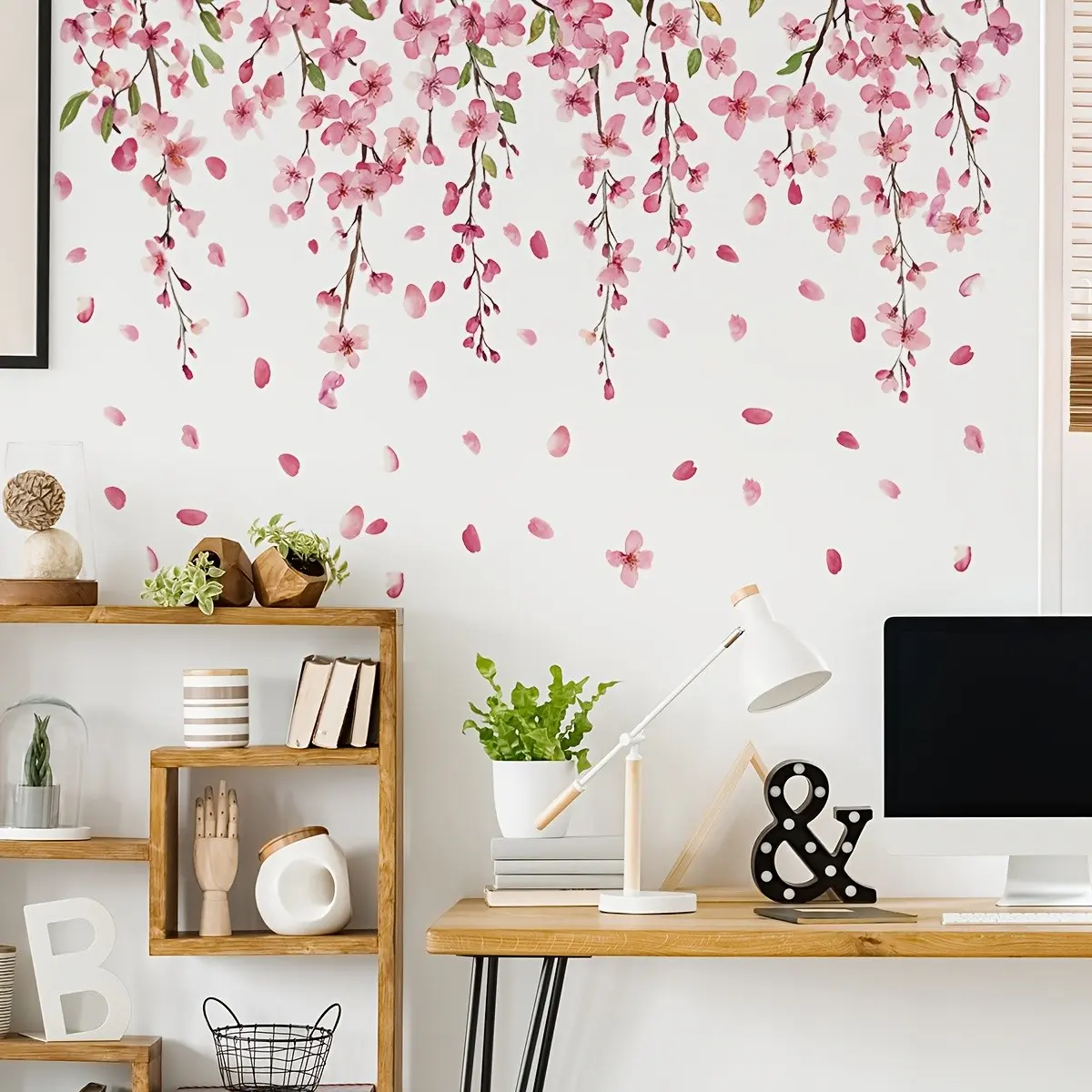 Charming Cherry Blossom Wall Sticker, Branches & Falling Petals, No Adhesive Design, Romantic Bedroom Decorative Decoration, Decorative Stickers, Wall Decals, Cute Wall Decor, Home Decor