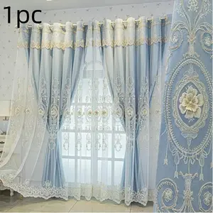 1 pc European Style Embroidered Curtains, Dual-Layer Light Blocking, Easy Installation, Living Room & Master Bedroom, Luxury Soft Decor, Blackout Window Cover