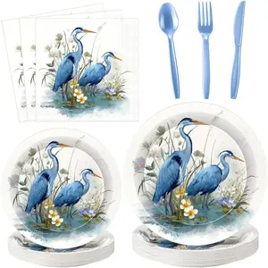 Vesici 50 Set Blue Heron on Grass Paper Plates and Napkins Sets Serve 50, Disposable Majestic Bird Tableware Set with Plate Napkin Fork for Spring Summer Coastal Birds Party Supplies Decorations