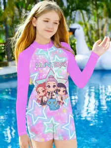 Girls' Kpop Demon Hunters Long Sleeve One-Piece Swimsuit, All Over Print Star Sun Protection Surfing Suit, Summer Beach Vacation Water Sports Wear